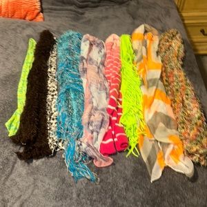 9 wrap around scarves, multi color, multi texture, multi fabric